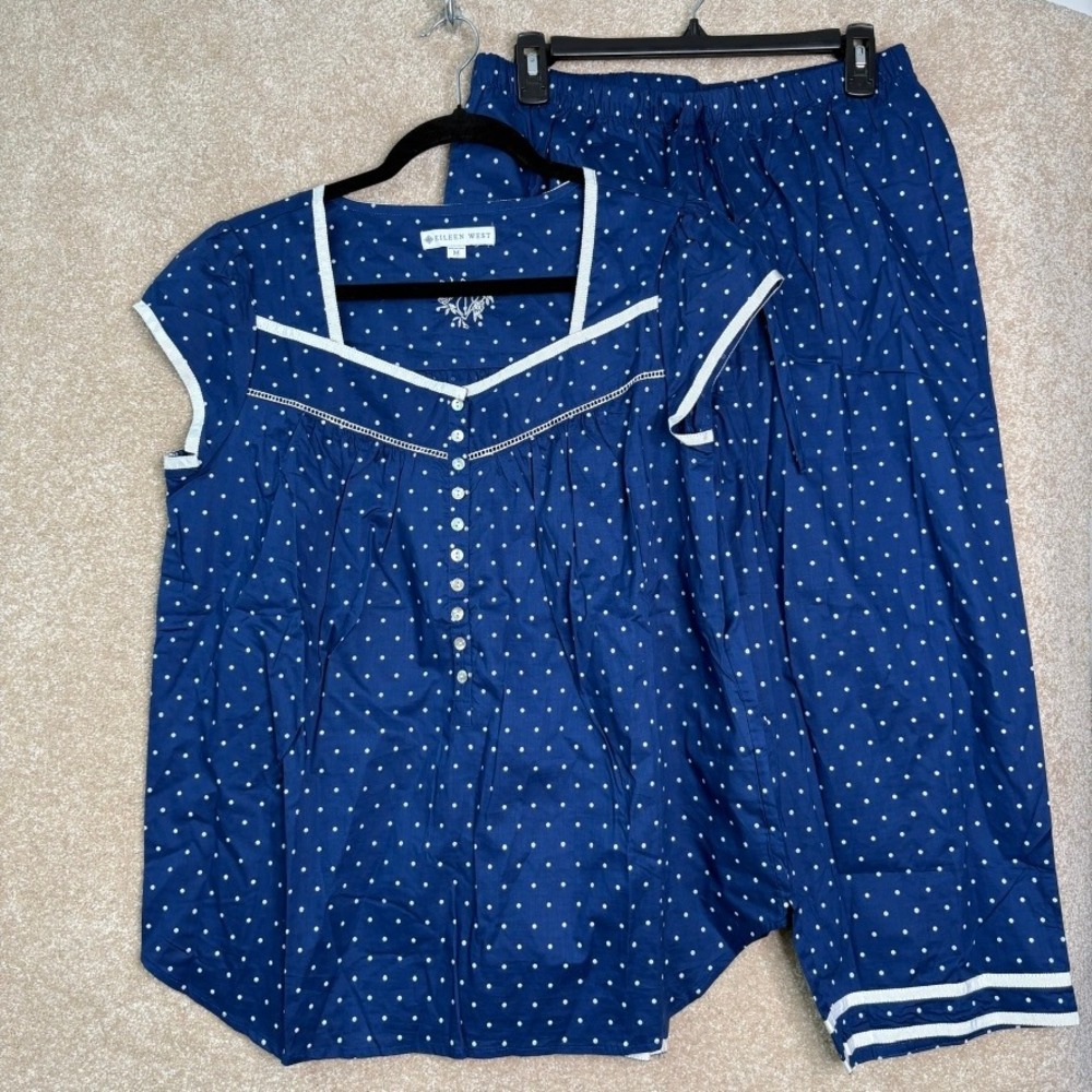 EILEEN WEST Pajama Set Women's Medium Navy Blue Polka Dot Cotton 2 Piece Set